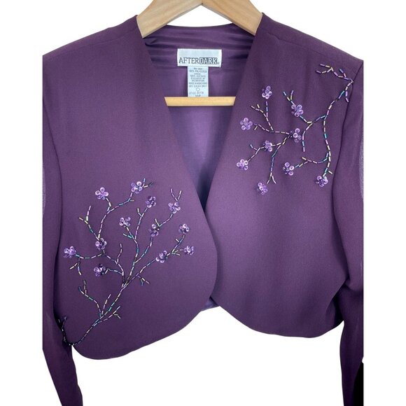 After Dark Maroon Cropped Bolero Jacket Sheer Sleeves Beaded Embroidery 10P - Picture 3 of 8